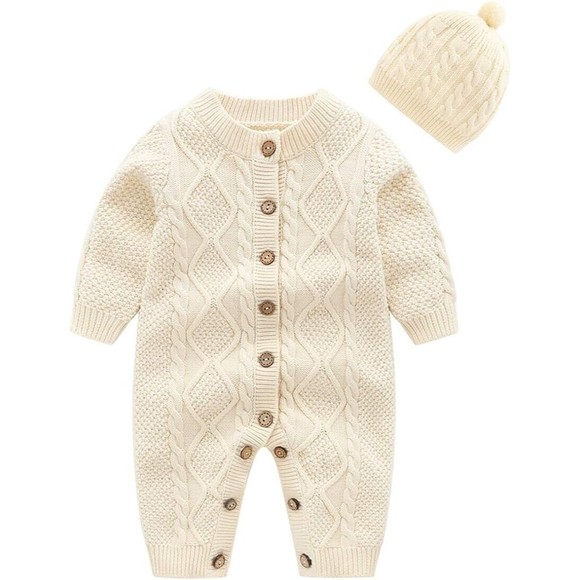 Jun Neng Baby Newborn Cotton Knitted Sweater Romper with Hat Size 3-6 M